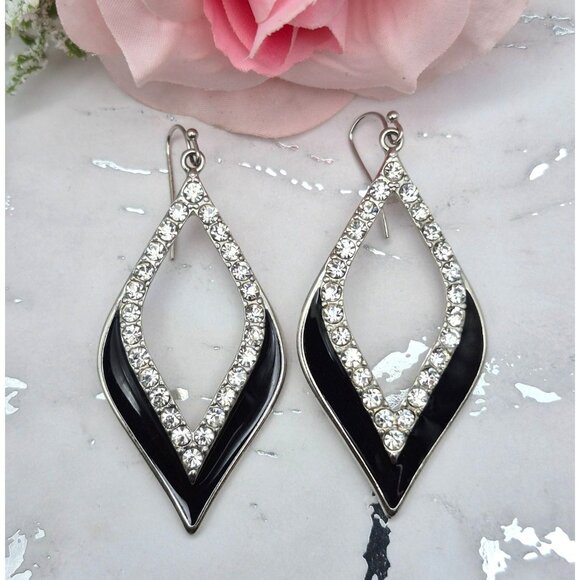 Silver Tone Black Enamel & Rhinestone Statement Dangle Drop Earrings Pierced - Picture 3 of 5